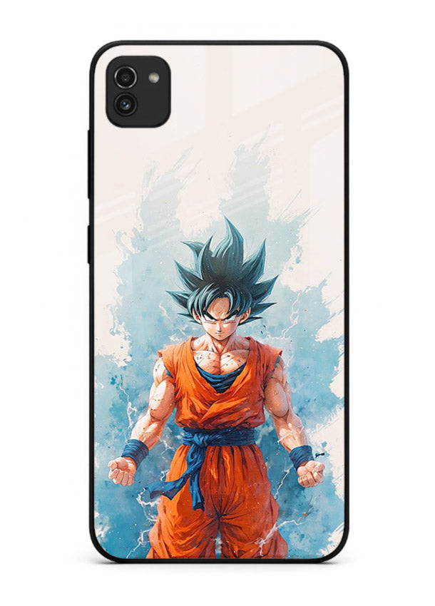 goku blue aura power anime art Samsung A03 glass cover glowing dbz transformation case