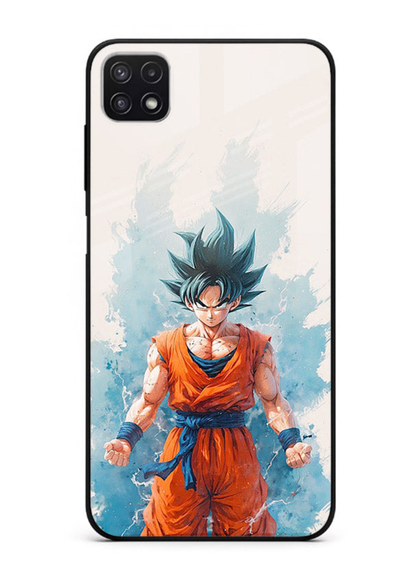 goku blue aura power anime art Samsung A22 5G glass cover glowing dbz transformation case