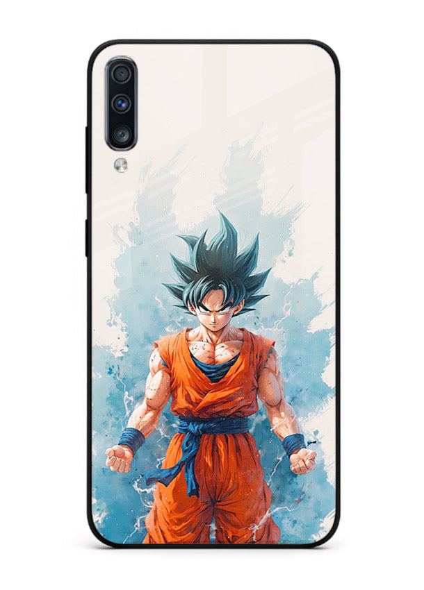 goku blue aura power anime art Samsung A70 glass cover glowing dbz transformation case