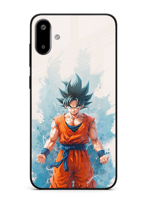 goku blue aura power anime art Samsung F06 5G glass cover glowing dbz transformation case