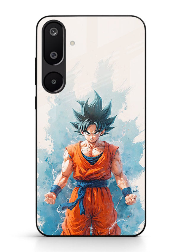goku blue aura power anime art Samsung F16 5G glass cover glowing dbz transformation case