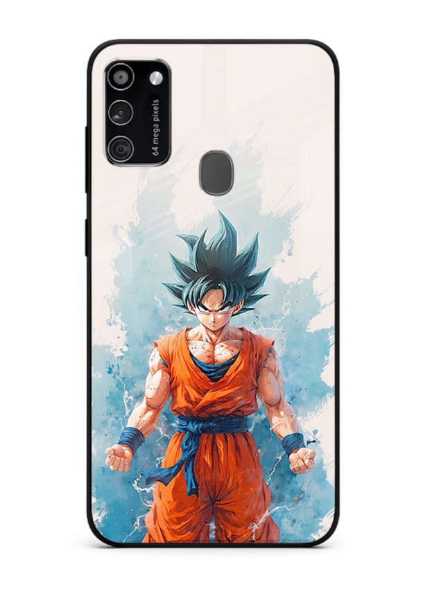 goku blue aura power anime art Samsung M21 glass cover glowing dbz transformation case