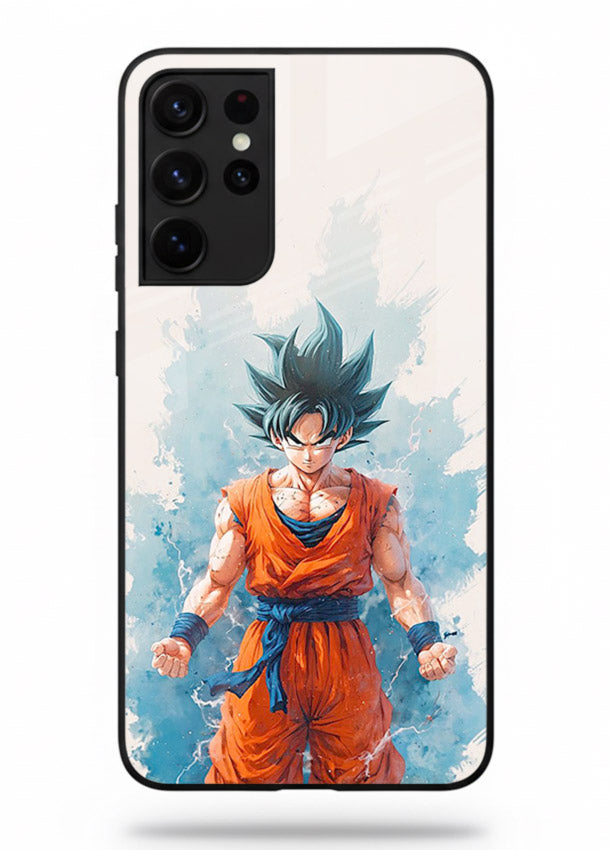 goku blue aura power anime art Samsung S21 Ultra glass cover glowing dbz transformation case
