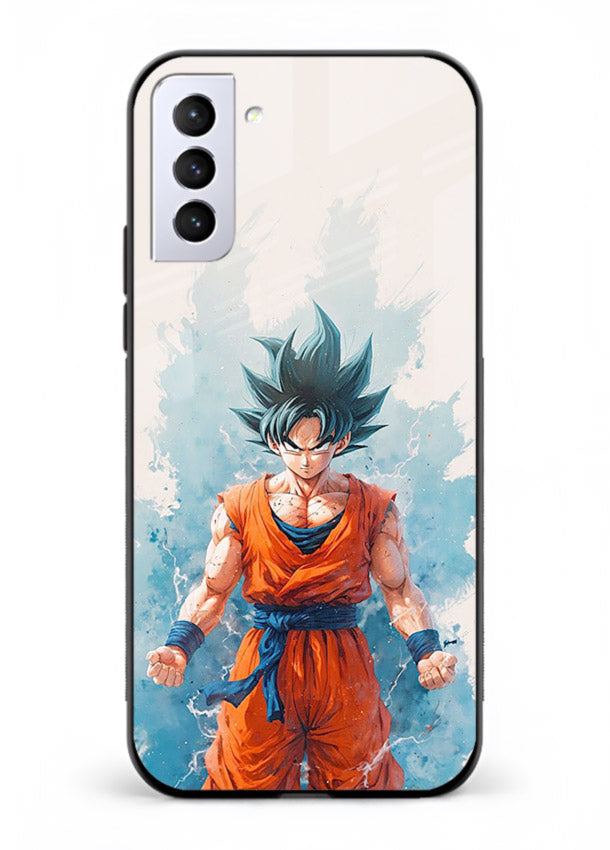 goku blue aura power anime art Samsung S21 FE glass cover glowing dbz transformation case