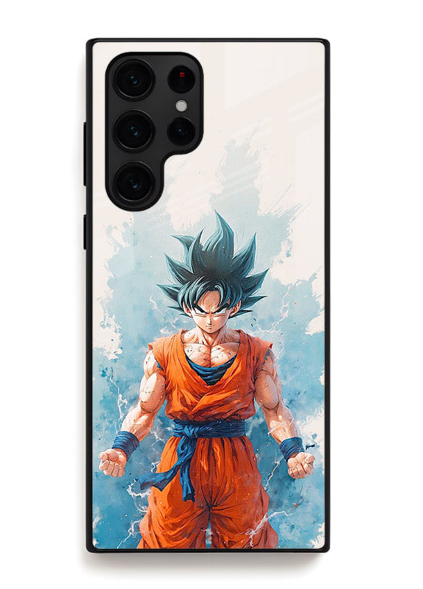 goku blue aura power anime art Samsung S25 Ultra glass cover glowing dbz transformation case