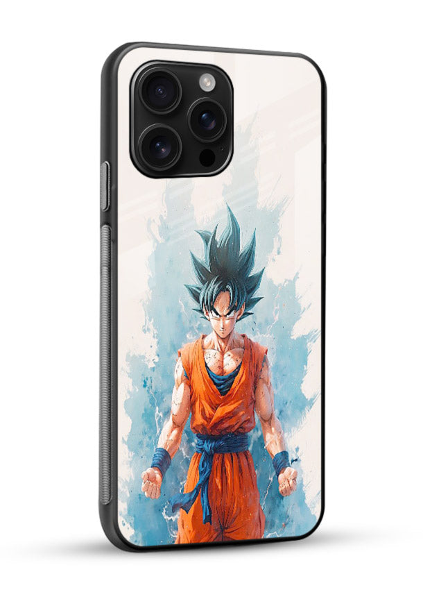 goku blue aura power anime art glossy vibrant premium glass cover glowing dbz transformation case - Angle Side