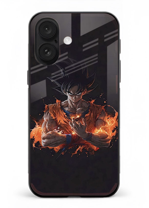 goku fire form flame anime art iphone 16 glass cover powerful dbz transformation case