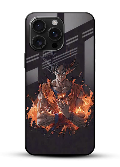 goku fire form flame anime art glossy vibrant premium glass cover powerful dbz transformation case - Angle Front