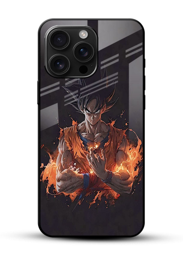 goku fire form flame anime art glossy vibrant premium glass cover powerful dbz transformation case - Angle Front