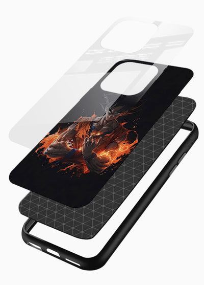 goku fire form flame anime art glossy vibrant premium glass cover powerful dbz transformation case - Angle Layers