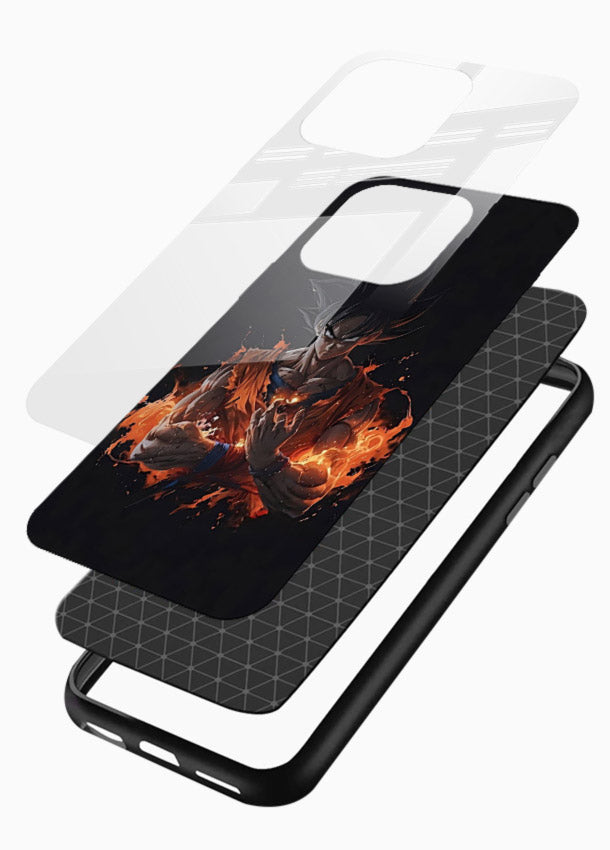 goku fire form flame anime art glossy vibrant premium glass cover powerful dbz transformation case - Angle Layers