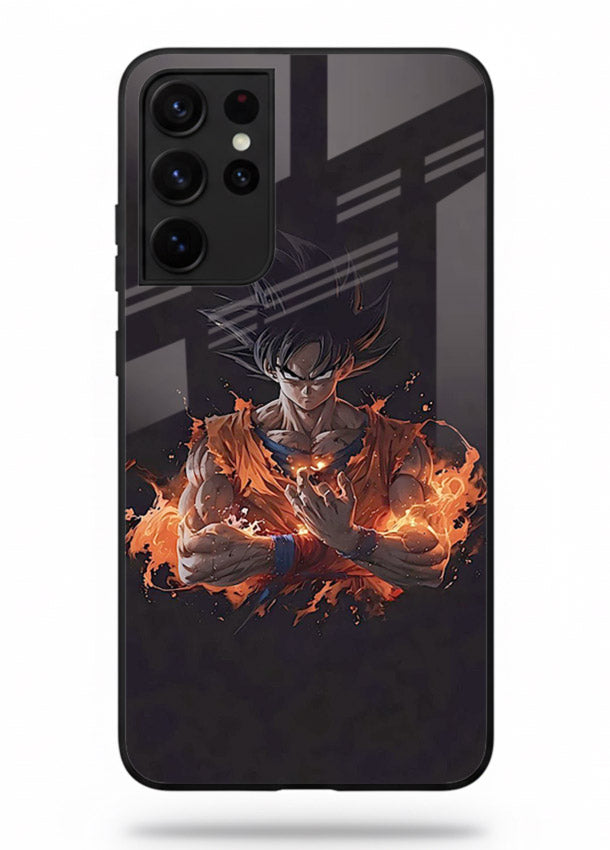 goku fire form flame anime art Samsung S21 Ultra glass cover powerful dbz transformation case