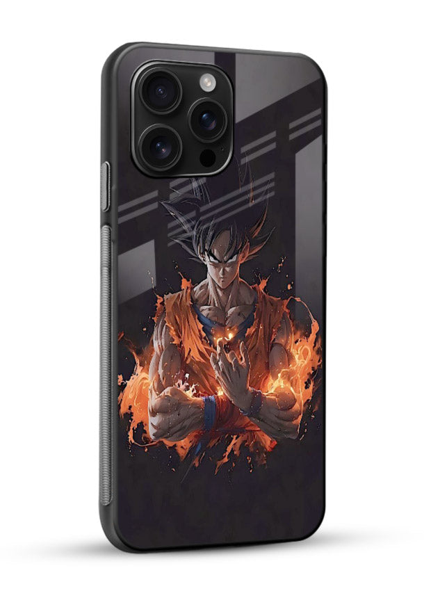 goku fire form flame anime art glossy vibrant premium glass cover powerful dbz transformation case - Angle Side