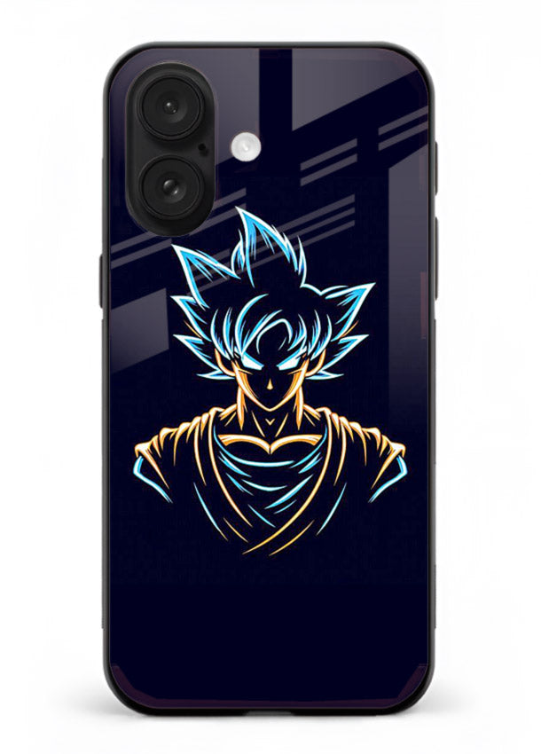 goku neon outline blue anime art iphone 16 plus glass cover minimal glowing design case