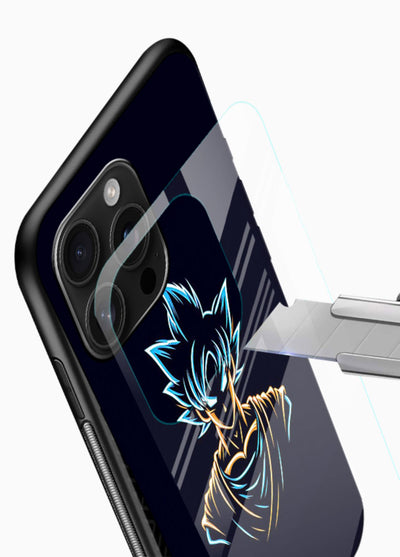 goku neon outline blue anime art glossy vibrant premium glass cover minimal glowing design case - Angle Blade