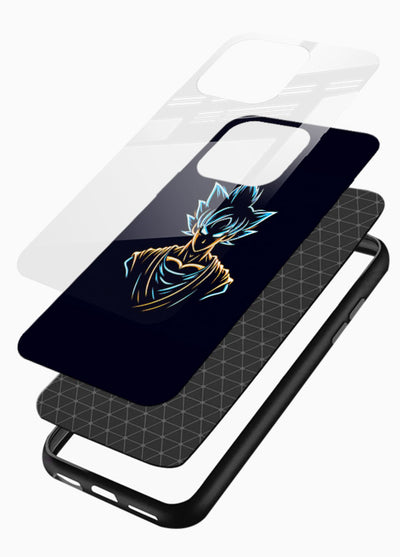 goku neon outline blue anime art glossy vibrant premium glass cover minimal glowing design case - Angle Layers