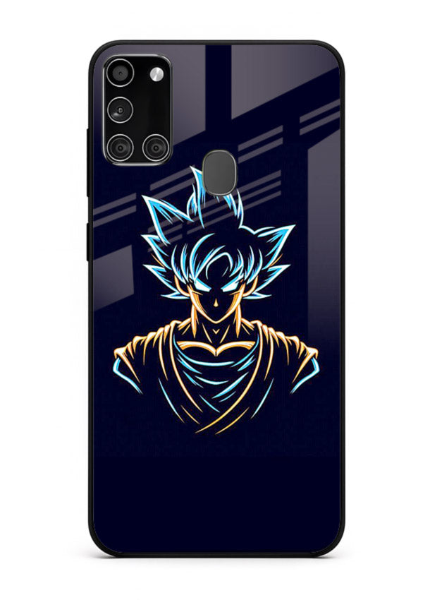 goku neon outline blue anime art Samsung A21s glass cover minimal glowing design case