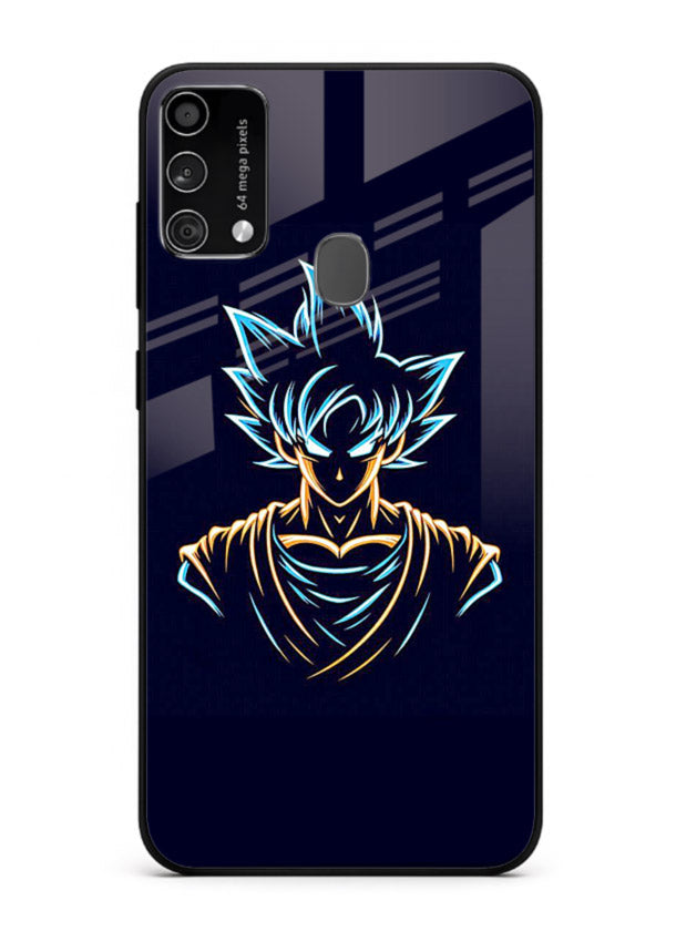 goku neon outline blue anime art Samsung F41 glass cover minimal glowing design case