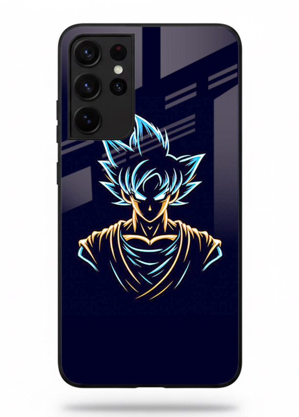 goku neon outline blue anime art Samsung S21 Ultra glass cover minimal glowing design case