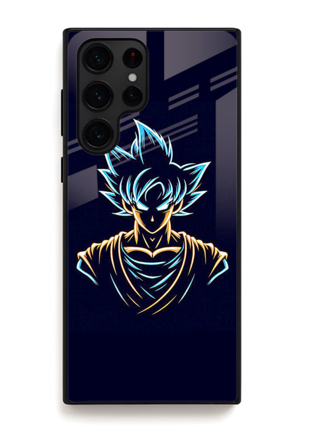 goku neon outline blue anime art Samsung S24 Ultra glass cover minimal glowing design case