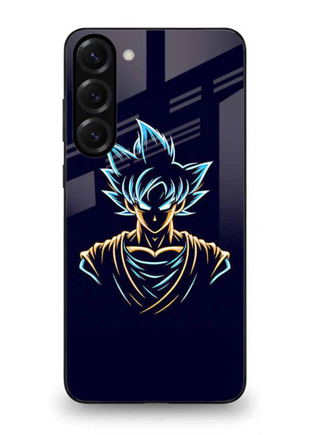 goku neon outline blue anime art Samsung S23 glass cover minimal glowing design case
