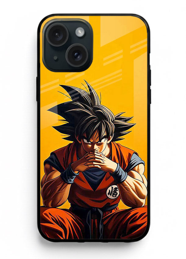 goku orange mood sitting anime art iphone 15 glass cover calm warm scene case