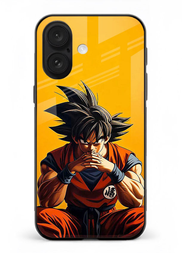 goku orange mood sitting anime art iphone 17 glass cover calm warm scene case