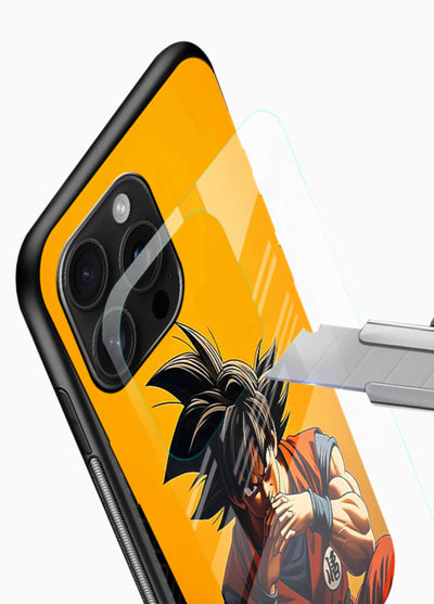 goku orange mood sitting anime art glossy vibrant premium glass cover calm warm scene case - Angle Blade