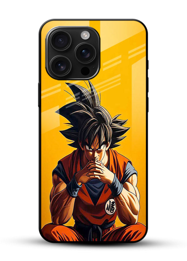 goku orange mood sitting anime art glossy vibrant premium glass cover calm warm scene case - Angle Front