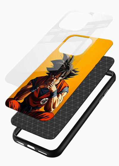 goku orange mood sitting anime art glossy vibrant premium glass cover calm warm scene case - Angle Layers