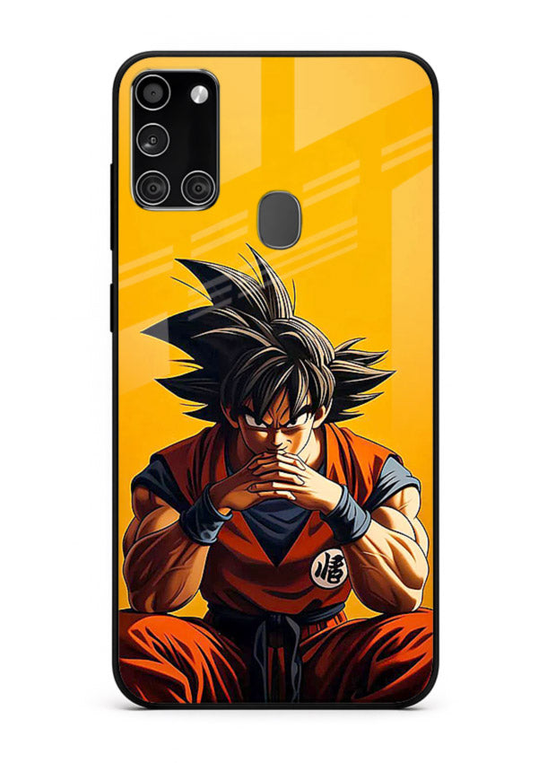 goku orange mood sitting anime art Samsung A21s glass cover calm warm scene case