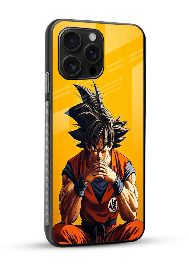 goku orange mood sitting anime art glossy vibrant premium glass cover calm warm scene case - Angle Side