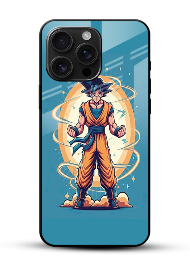 goku super aura blue anime art glossy vibrant premium glass cover power up energy case - Angle Front