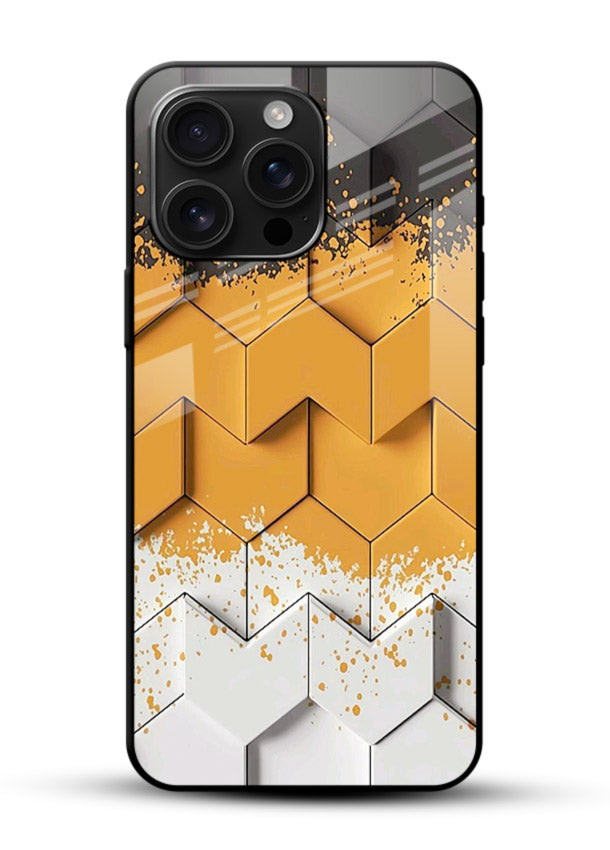 Gold Hexa Crystal gold crystal geometric pattern glossy vibrant premium glass back cover - Angle Front