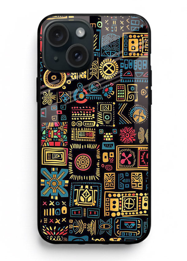 Gold Tribal Blocks gold tribal geometric pattern iphone 15 plus glass back cover