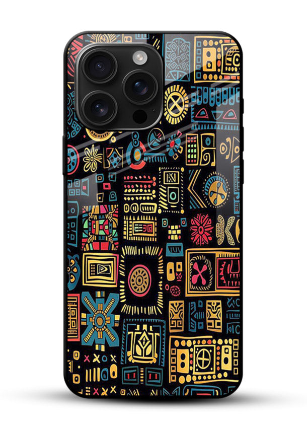 Gold Tribal Blocks gold tribal geometric pattern glossy vibrant premium glass back cover - Angle Front