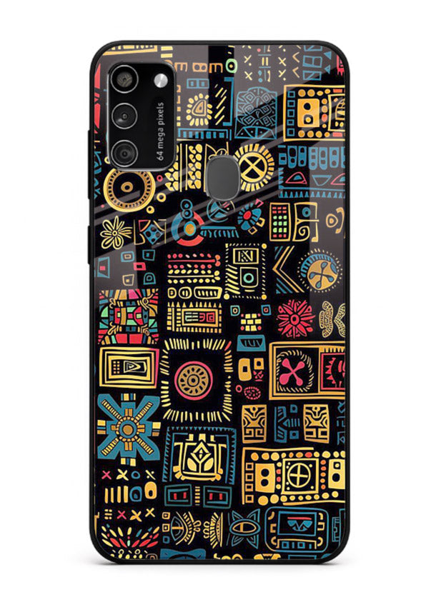 Gold Tribal Blocks gold tribal geometric pattern Samsung M21 glass back cover