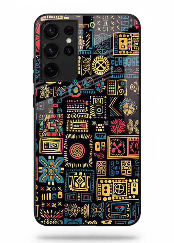 Gold Tribal Blocks gold tribal geometric pattern Samsung S21 Ultra glass back cover