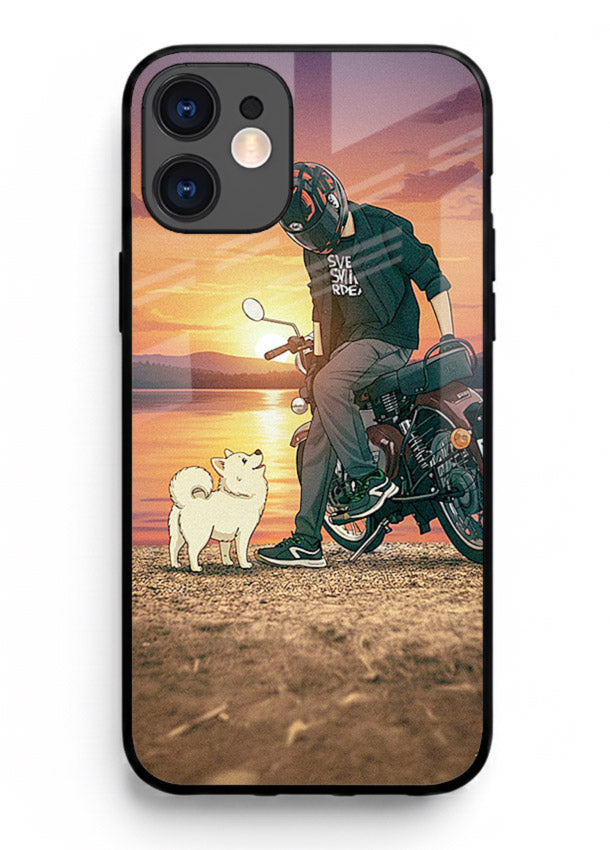 Sunset biker silhouette artwork on glossy tempered glass iPhone 12 back cover