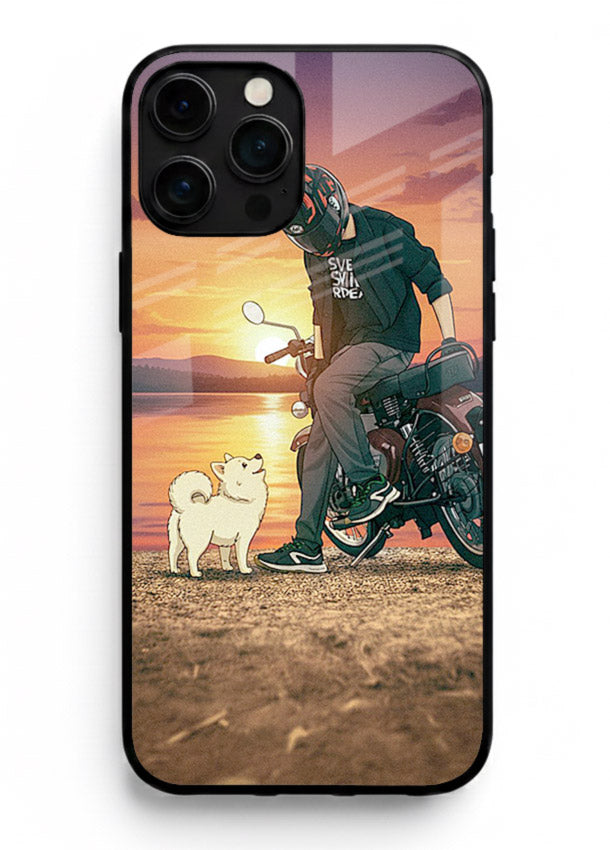 Sunset biker silhouette artwork on glossy tempered glass iPhone 16 Pro Max back cover