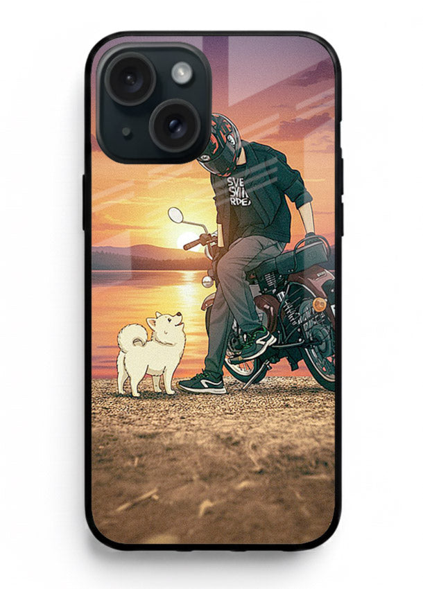 Sunset biker silhouette artwork on glossy tempered glass iPhone 15 Plus back cover