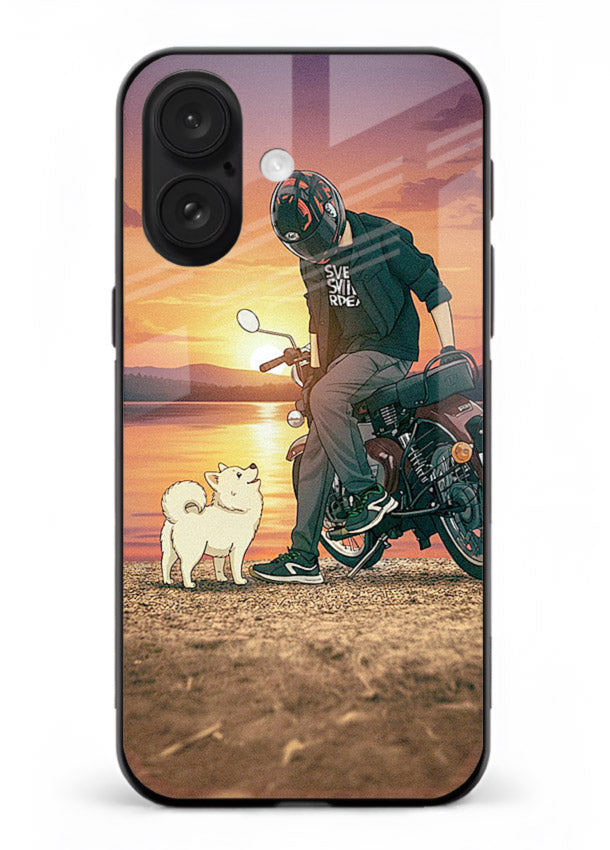 Sunset biker silhouette artwork on glossy tempered glass iPhone 18 back cover