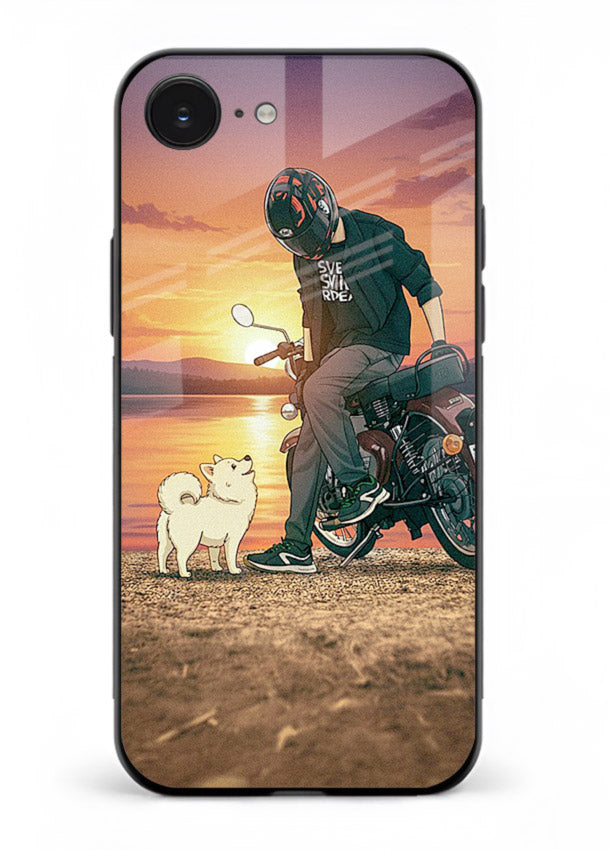Sunset biker silhouette artwork on glossy tempered glass iPhone 16E back cover