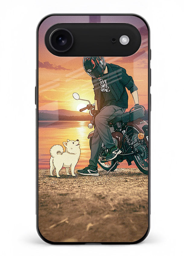 Sunset biker silhouette artwork on glossy tempered glass iPhone 18 Air back cover