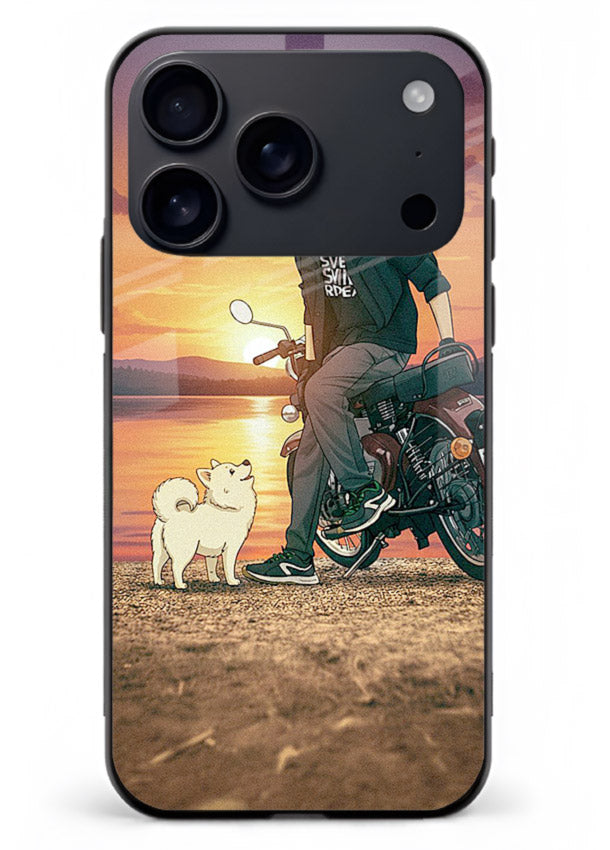 Sunset biker silhouette artwork on glossy tempered glass iPhone 18 Pro Max back cover