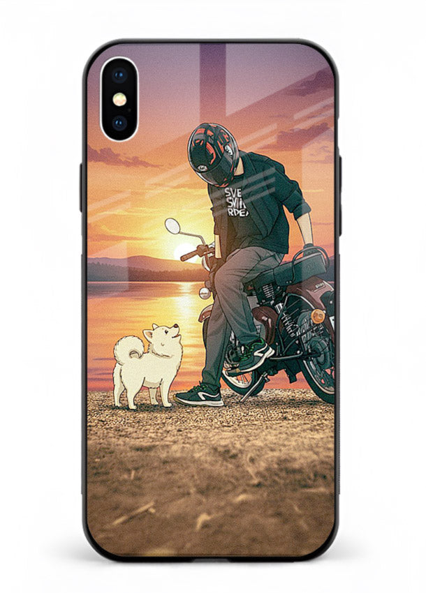 Sunset biker silhouette artwork on glossy tempered glass iPhone XS Max back cover