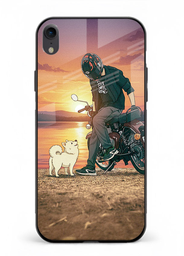 Sunset biker silhouette artwork on glossy tempered glass iPhone XR back cover