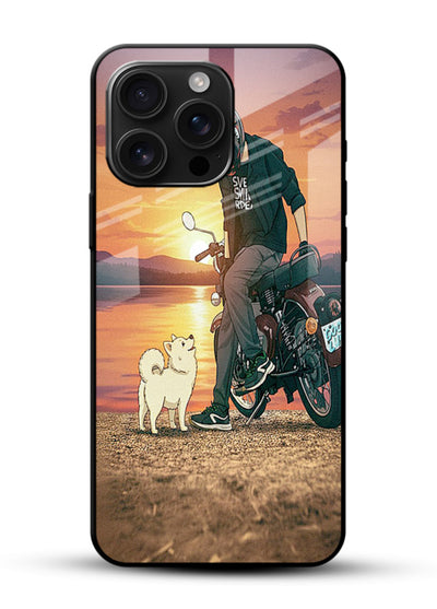Sunset biker silhouette artwork on glossy tempered glass phone back cover - 1