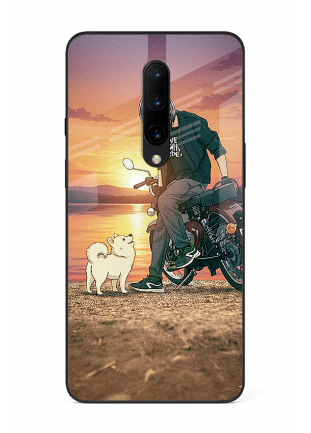 Sunset biker silhouette artwork on glossy tempered glass OnePlus 8 back cover
