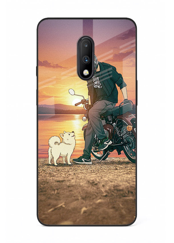 Sunset biker silhouette artwork on glossy tempered glass OnePlus 7 back cover
